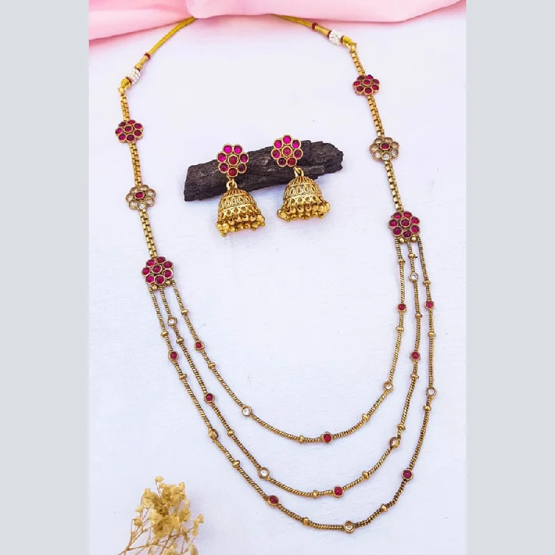 Rose Gold Heart Necklace-Sangita Creation  Copper Gold  Pota Stone Multi Layer Long  Necklace Set