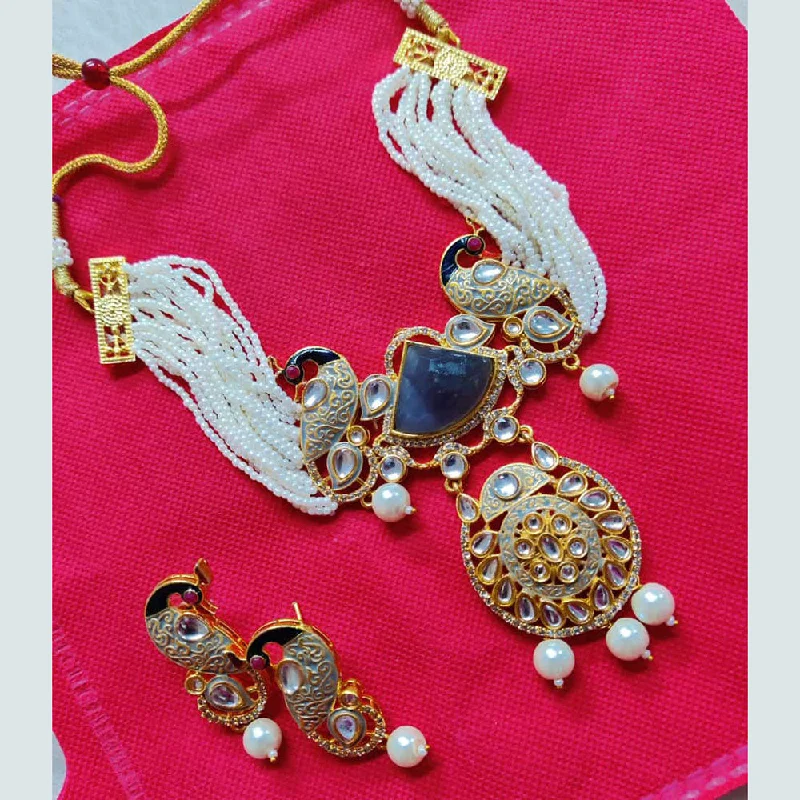 Gold Pendant Necklace for Women-Shagna Gold Plated Kundan Stone And Pearls Choker Necklace Set