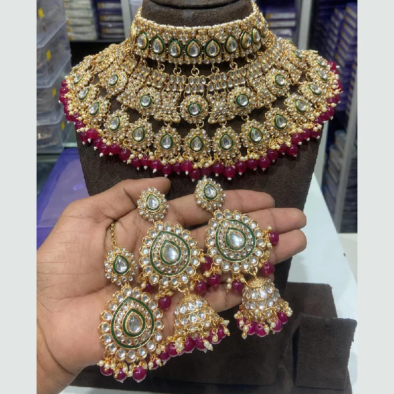 Elegant Crystal Necklace-Sai Fashion Gold Plated Kundan Stone And Beads  Choker Necklace Set