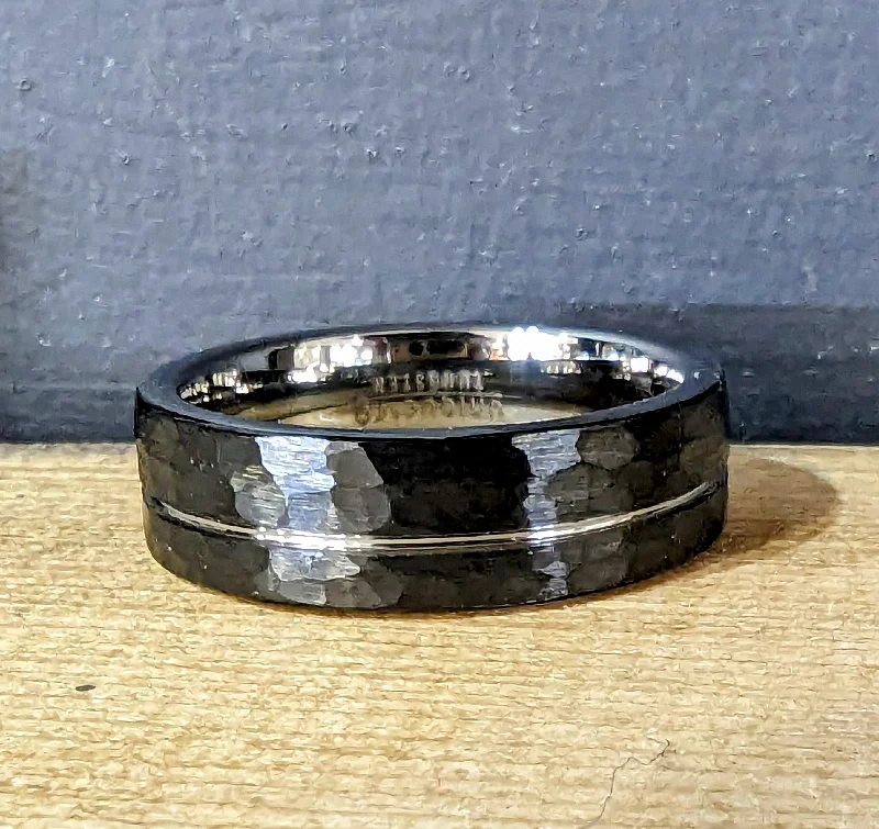 Unique Opal Ring-Unique & Co 7mm Hammered Black Tungsten Ring