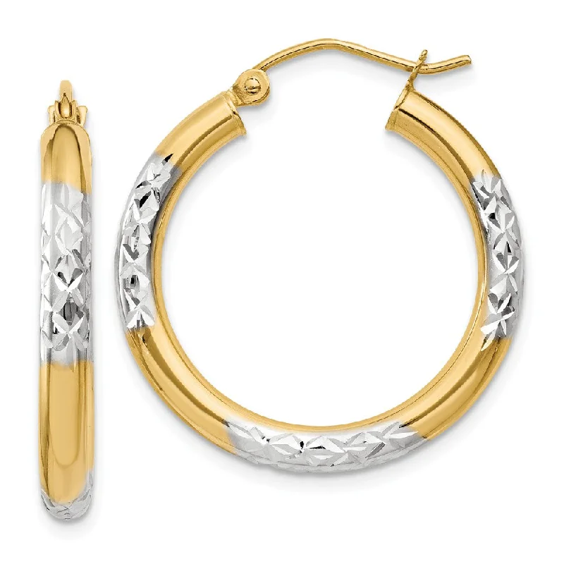 Large Silver Hoop Earrings-3mm, 14k Yellow Gold Diamond Cut Round Hoop Earrings, 25mm (1 Inch)