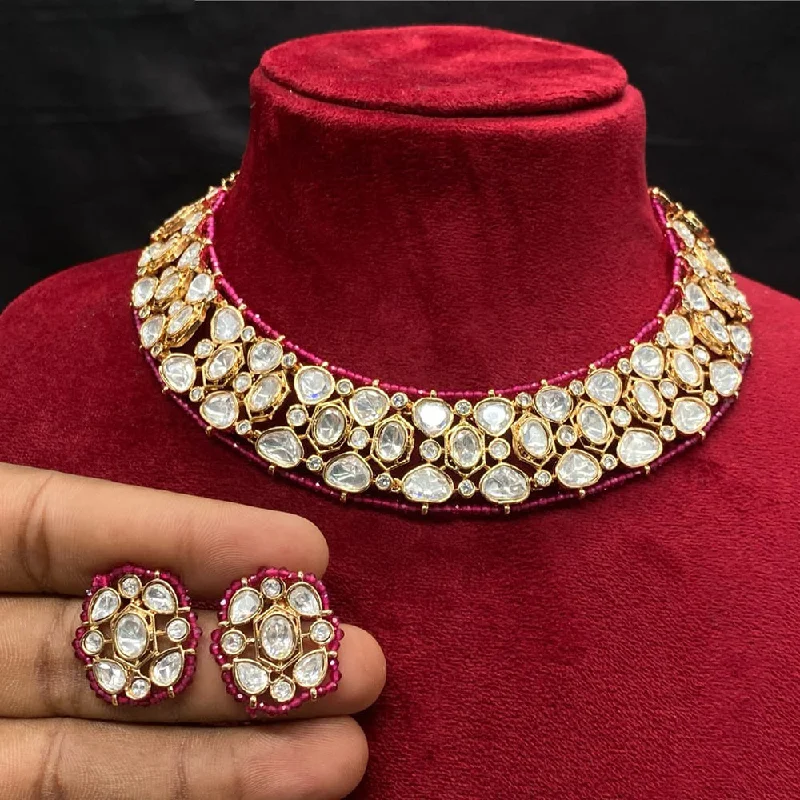 Simple Gold Necklace-Royal Kundan Jewellery Gold Plated Polki Kundan Stone Choker Necklace Set