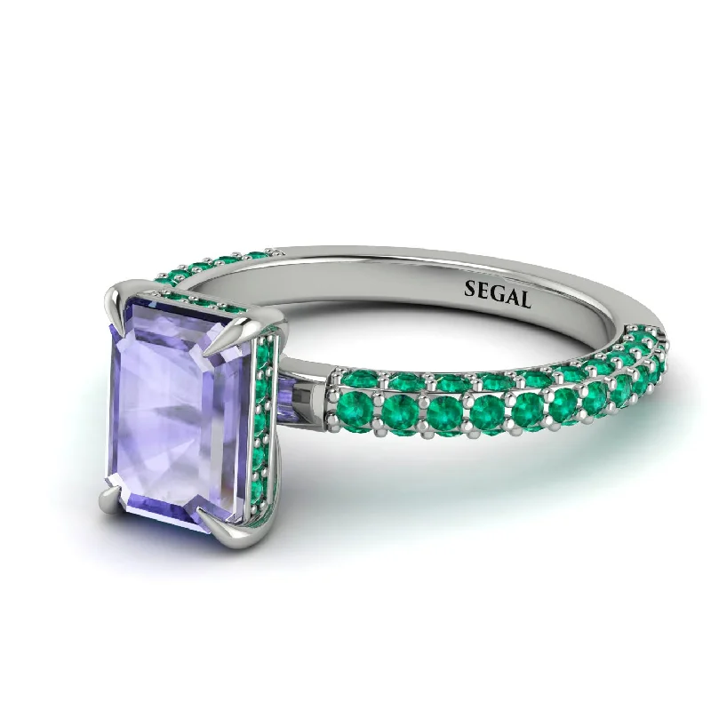 Classic Gold Band Ring-Hidden Halo Emerald Cut Tanzanite Engagement Ring - Ximena No. 206