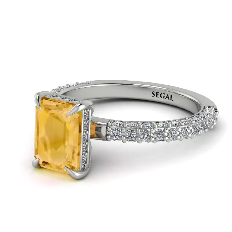 Couples Engagement Ring-Hidden Halo Emerald Cut Citrine Engagement Ring - Ximena No. 603