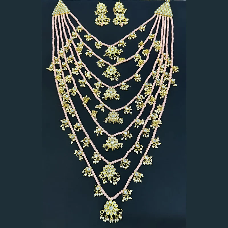 Unique Gemstone Necklace-SNERA Gold Plated Kundan Stone And Pearls Multi Layer Long Necklace Set