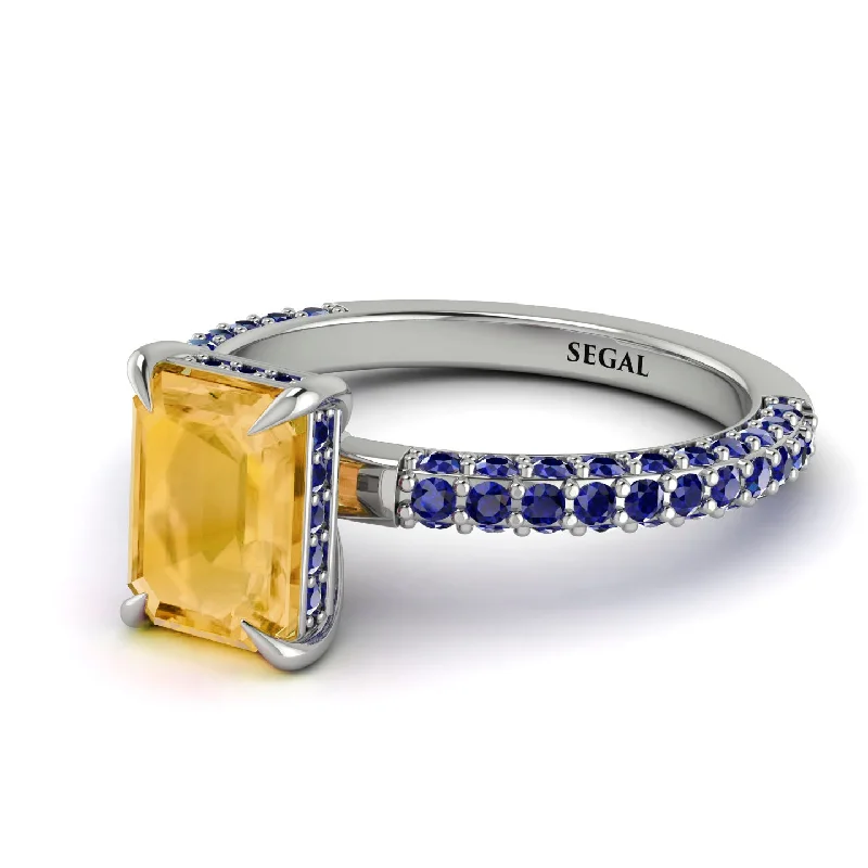 Elegant Pearl Ring-Hidden Halo Emerald Cut Citrine Engagement Ring - Ximena No. 615