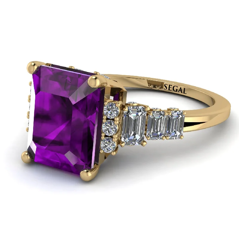 Custom Silver Ring-Emerald Cut Amethyst Ring Hidden Round Diamonds - Sawyer No. 301