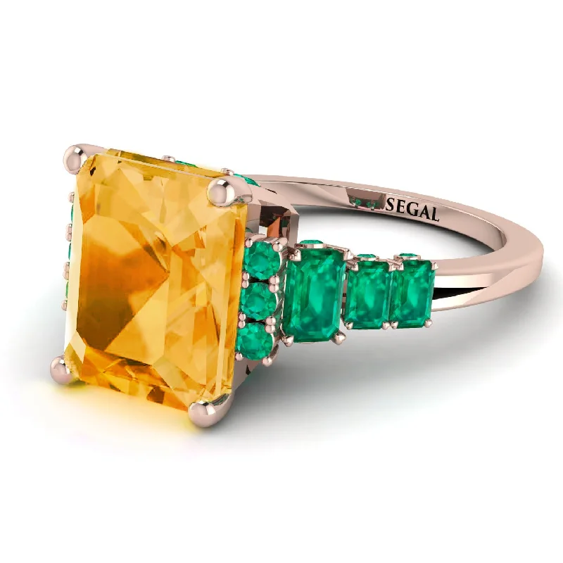 Wedding Set with Diamond Ring-Emerald Cut Citrine Ring Hidden Round Diamonds - Sawyer No. 605