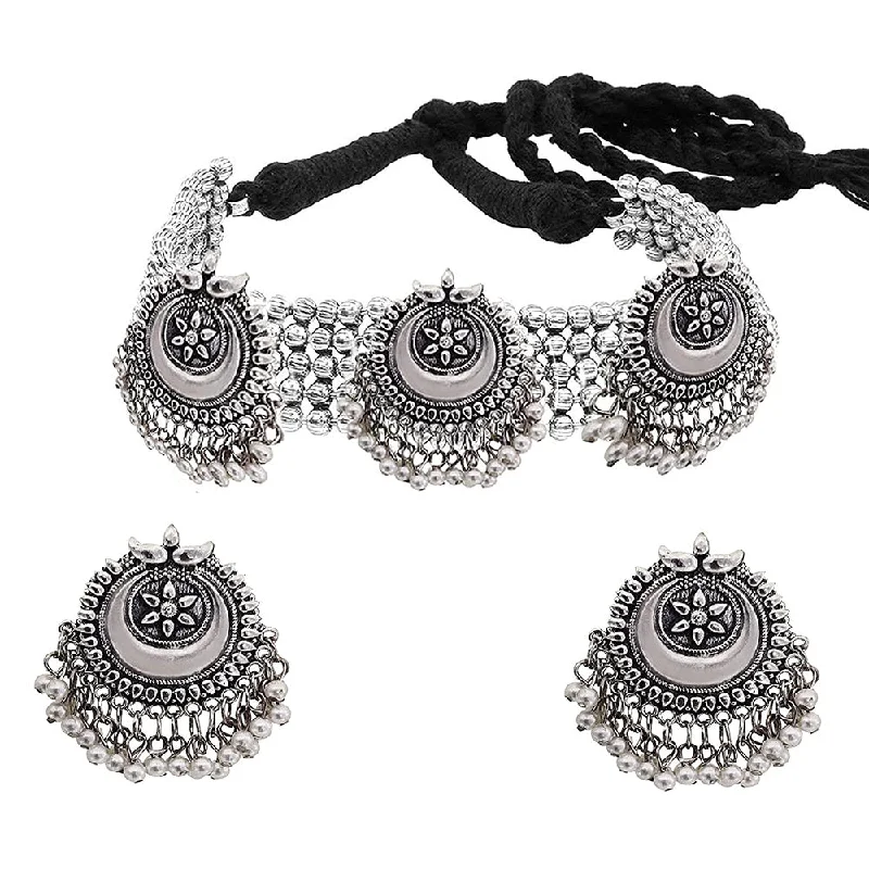 Classic Silver Necklace-Bevy Pearls Oxidised Plated Choker Necklace Set