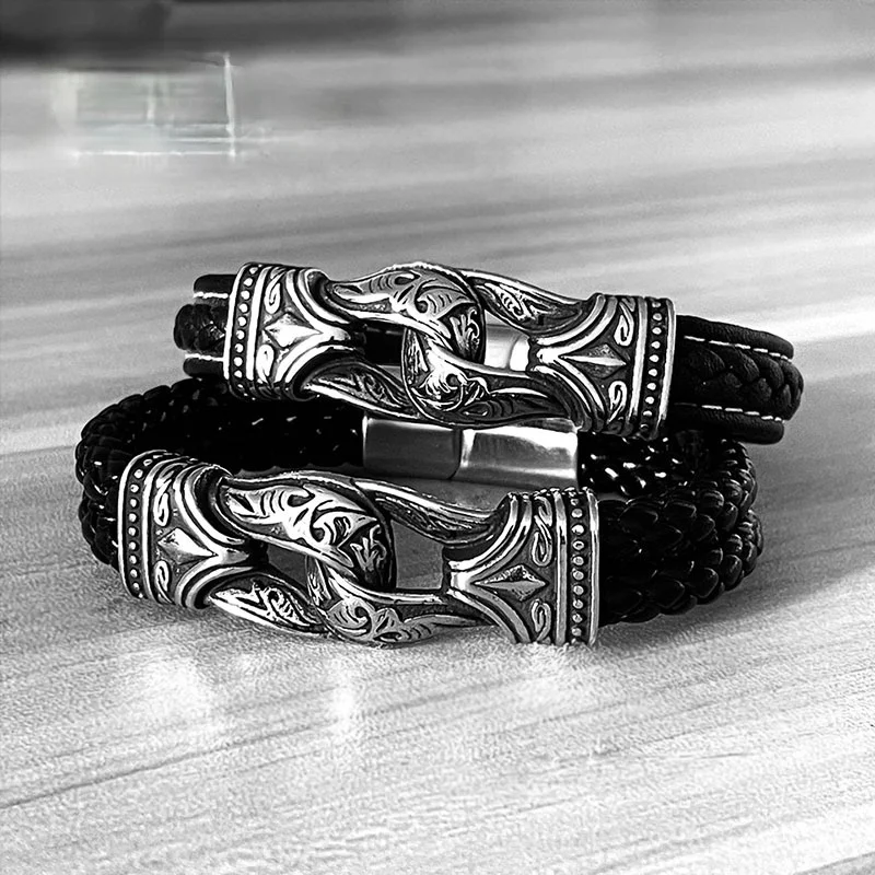 Pearl Bead Bracelets-Men's Punk Carved Leather Black Bracelet