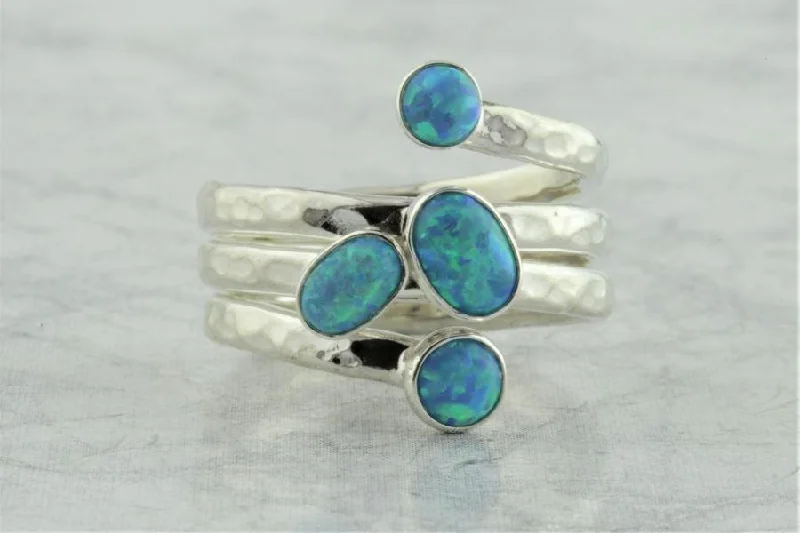 Silver Wedding Ring-Lavan 4 Aqua Opal Gemstone and Sterling Silver Spiral Ring