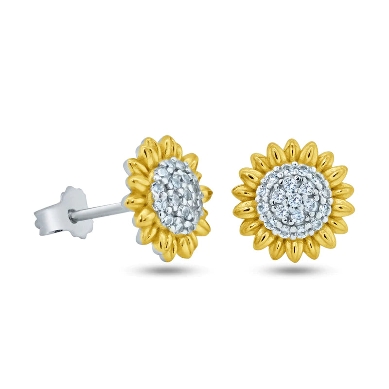 Vintage Gold Earrings-Sterling Silver Rhodium Plated 2 Toned Sunflower CZ Stud Earrings