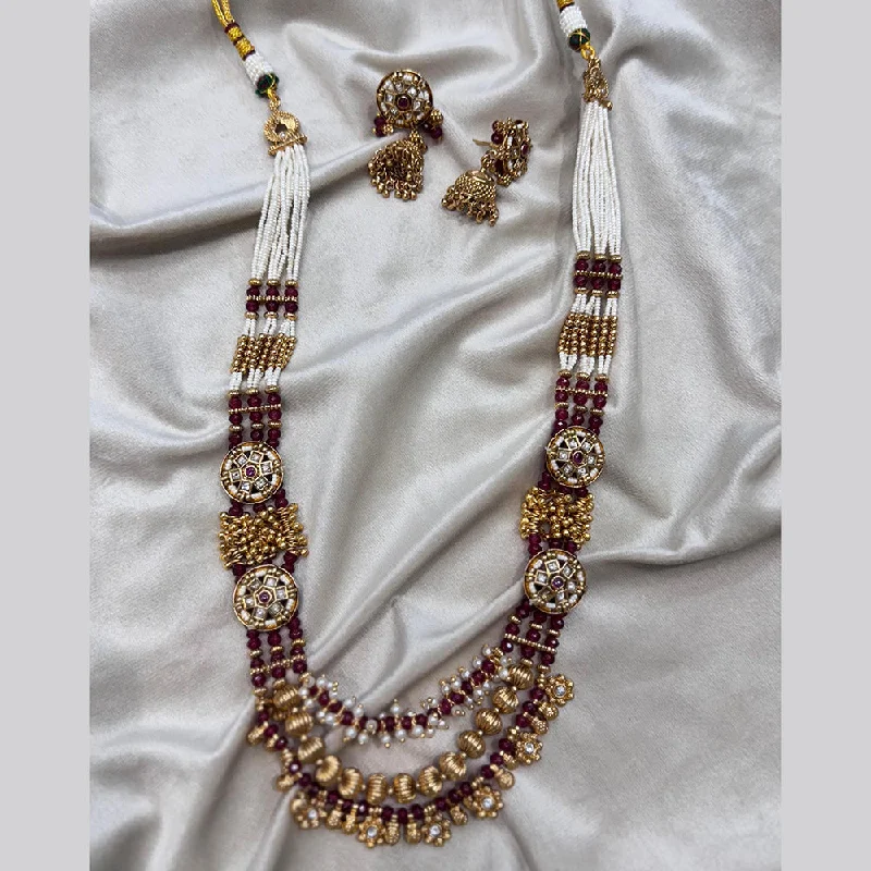 Gold Link Necklace-JCM Gold Plated Pota Stone And Pearls Long Necklace Set