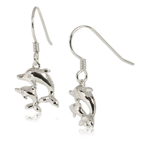 Double Drop Earrings-Sterling Silver Dangling Two Dolphins Earrings