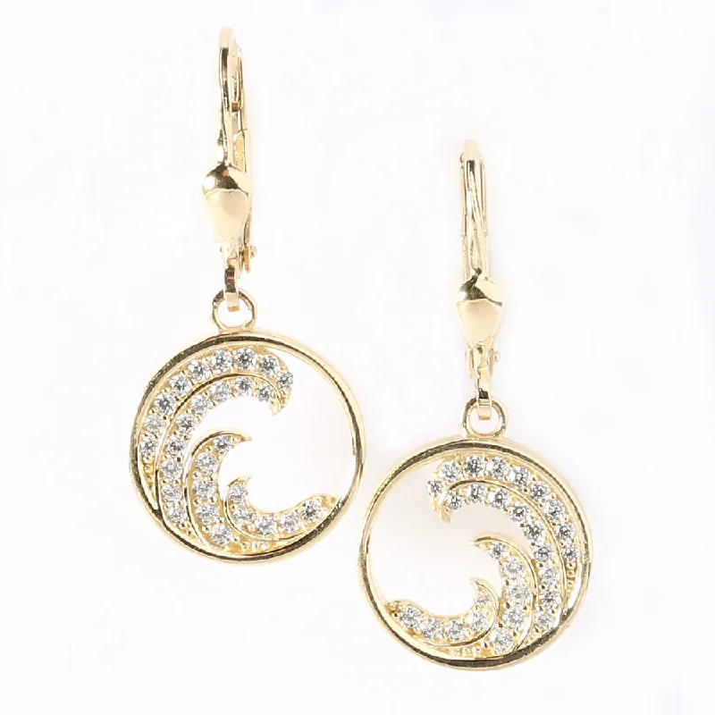 Layered Gemstone Earrings-14K Yellow Gold Wave with CZ in Circle Lever Back Earrings