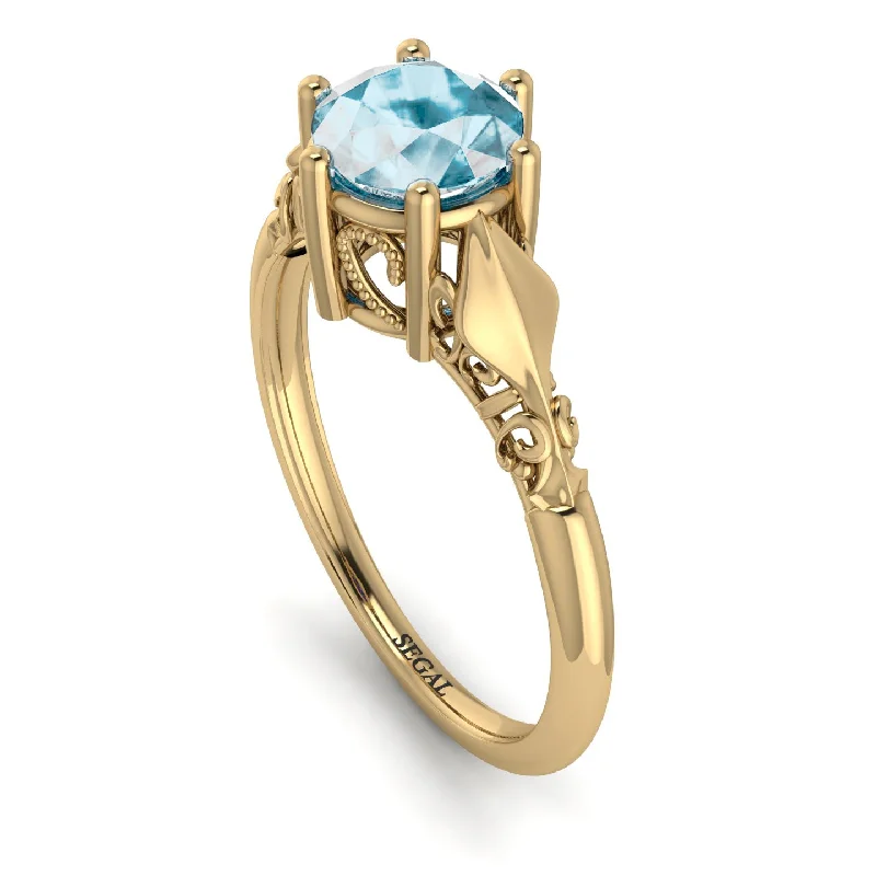 Retro Vintage Ring-Art deco Leaves Structure Aquamarine  Ring- 14K Yellow Gold - Reagan no. 401