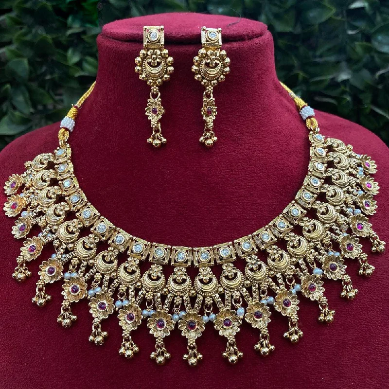 Vintage Pearl Necklace-Royal Kundan Jewellery Gold Plated Pota Stone And Pearls Necklace Set