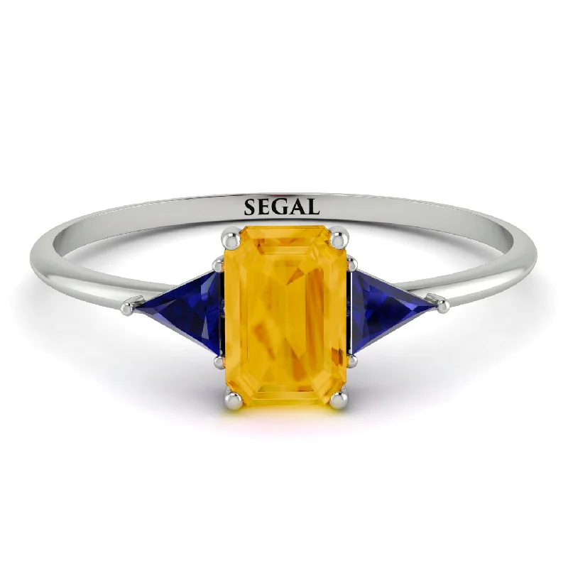 Gold Diamond Band-Emerald Cut Citrine With Triangles Ring - Remi No. 615