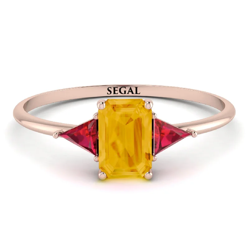 Two-Tone Gold Ring-Emerald Cut Citrine With Triangles Ring - Remi No. 611