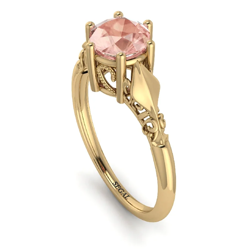 Double Band Ring-Art deco Leaves Structure Morganite  Ring- 14K Yellow Gold - Reagan no. 901