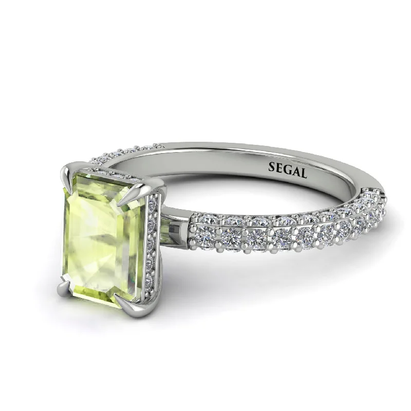 Luxury White Gold Ring-Hidden Halo Emerald Cut Peridot Engagement Ring - Ximena No. 703