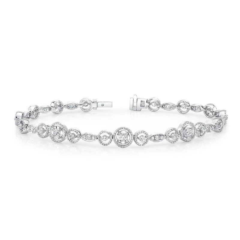 Beaded Friendship Bracelets-Uneek Round Diamond Bracelet with Mixed-Size Round Bead Milgrain Floating Halo Details and Navette-Shaped Accent Clusters