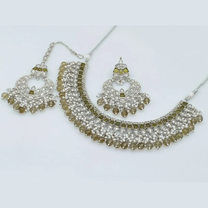 Delicate Gold Chain Necklace-Rajwadi Collection Silver Plated Crystal Stone And Beads Necklace Set