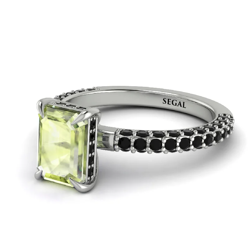 Chic Silver Cocktail Ring-Hidden Halo Emerald Cut Peridot Engagement Ring - Ximena No. 709