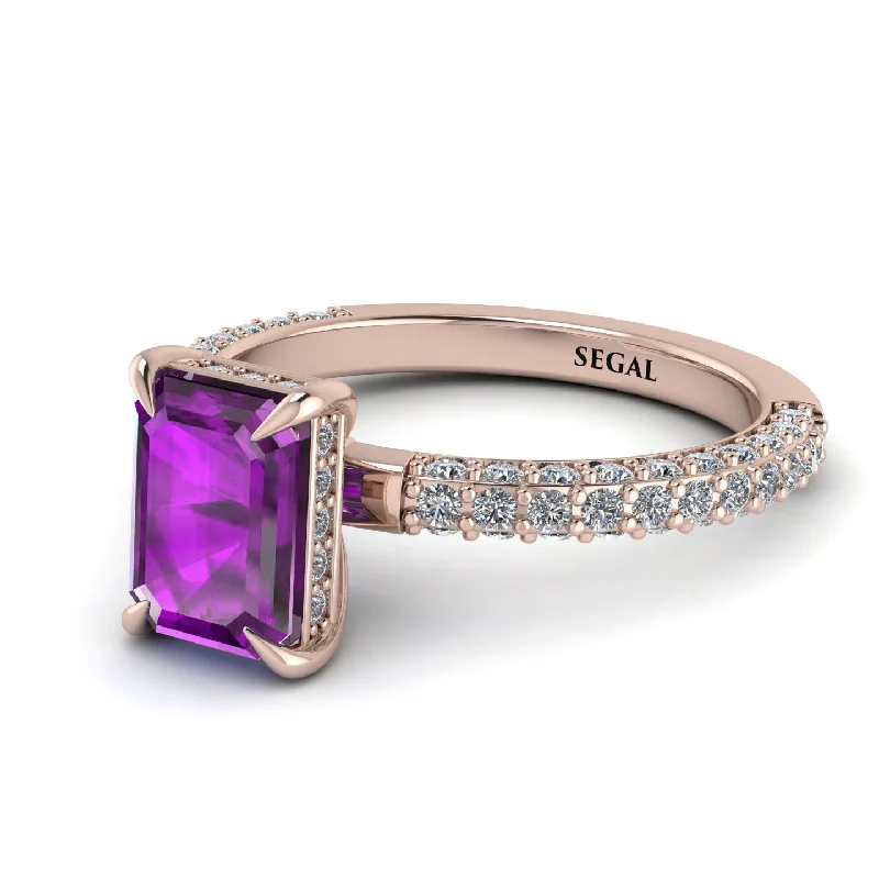 Birthstone Ring Set-Hidden Halo Emerald Cut Amethyst Engagement Ring - Ximena No. 302