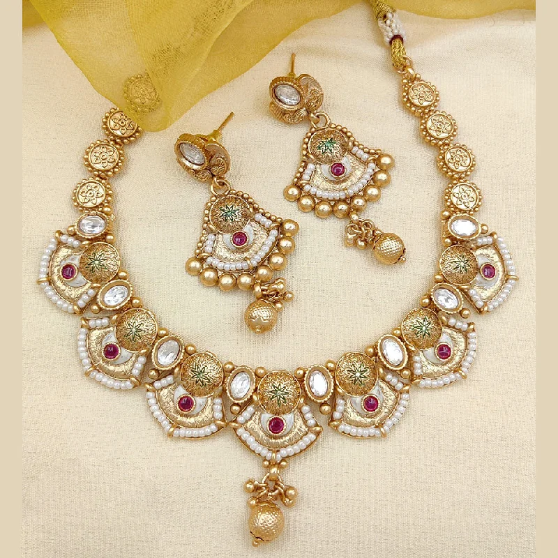 Pearl and Diamond Necklace-Jewel Addiction Copper Rajwadi Finish Pota Stone Necklace Set