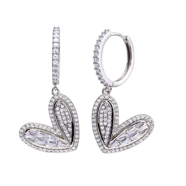 Tiny Stud Earrings-Rhodium Plated 925 Sterling Silver CZ Hoop Dangling Wide Heart Earrings