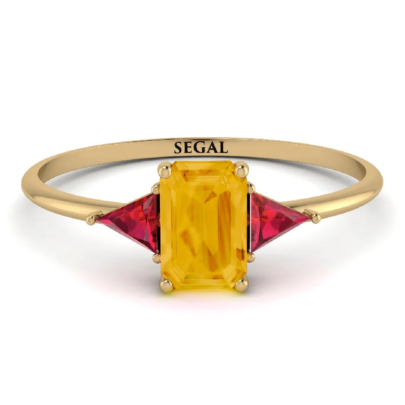 Handmade Promise Ring-Emerald Cut Citrine With Triangles Ring - Remi No. 610