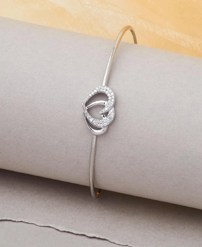 Unique Charm Bangle Bracelets-Heart Stone Studded Silver Bracelet