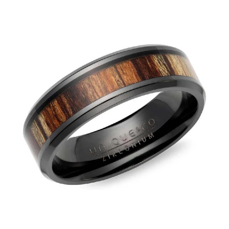 Minimalist Gold Ring-Unique & Co Wood Inlay Black Zirconium Ring