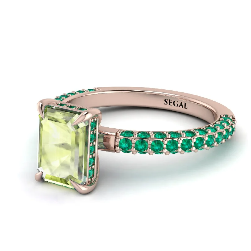 Gemstone Wedding Ring-Hidden Halo Emerald Cut Peridot Engagement Ring - Ximena No. 705