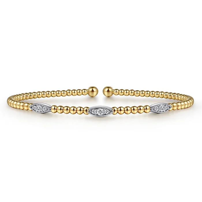 Traditional Beaded Bangles-14K White-Yellow Gold Bujukan Diamond Marquise Stations Bangle