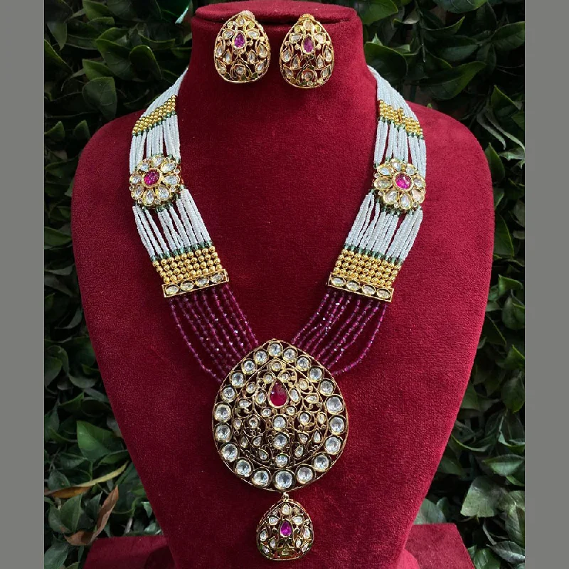 Fashionable Choker Necklace-Royal Kundan Jewellery Gold Plated Kundan Stone And Beads Necklace Set