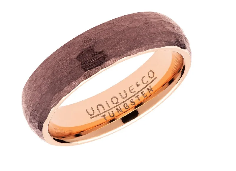 Silver Heart Shaped Ring-Unique & Co 6mm Hammered Tungsten Carbide Ring with Brown and Rose IP Plating