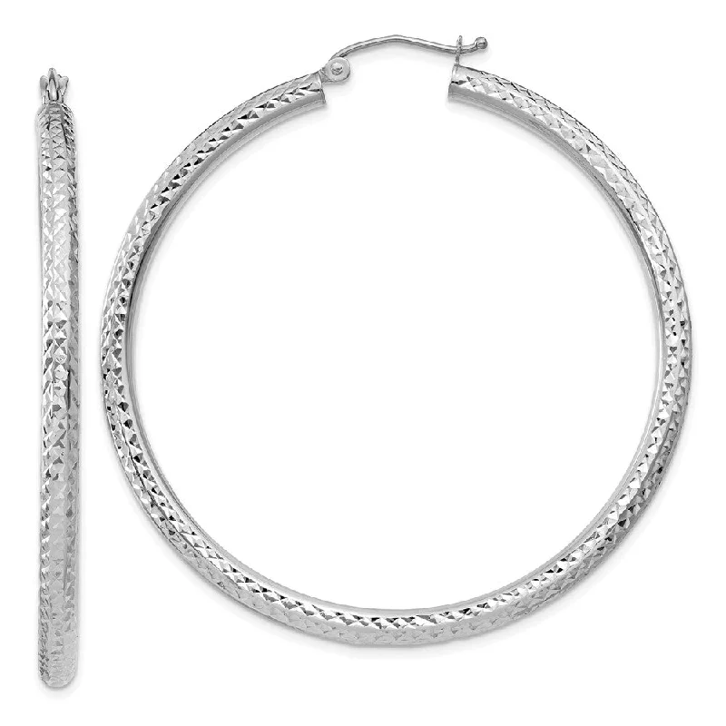 Elegant Leaf Earrings-3mm, 14k White Gold Diamond-cut Hoops, 50mm (1 7/8 Inch)