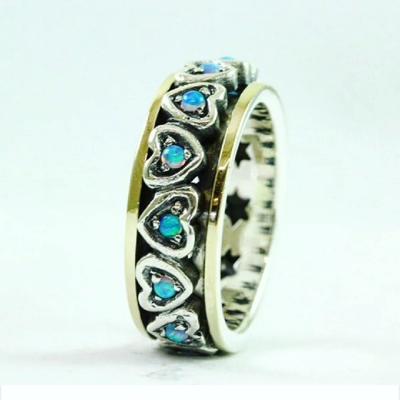 Custom Engraved Ring-9ct Gold and Silver Revolving Band with Opal Gemstone Hearts