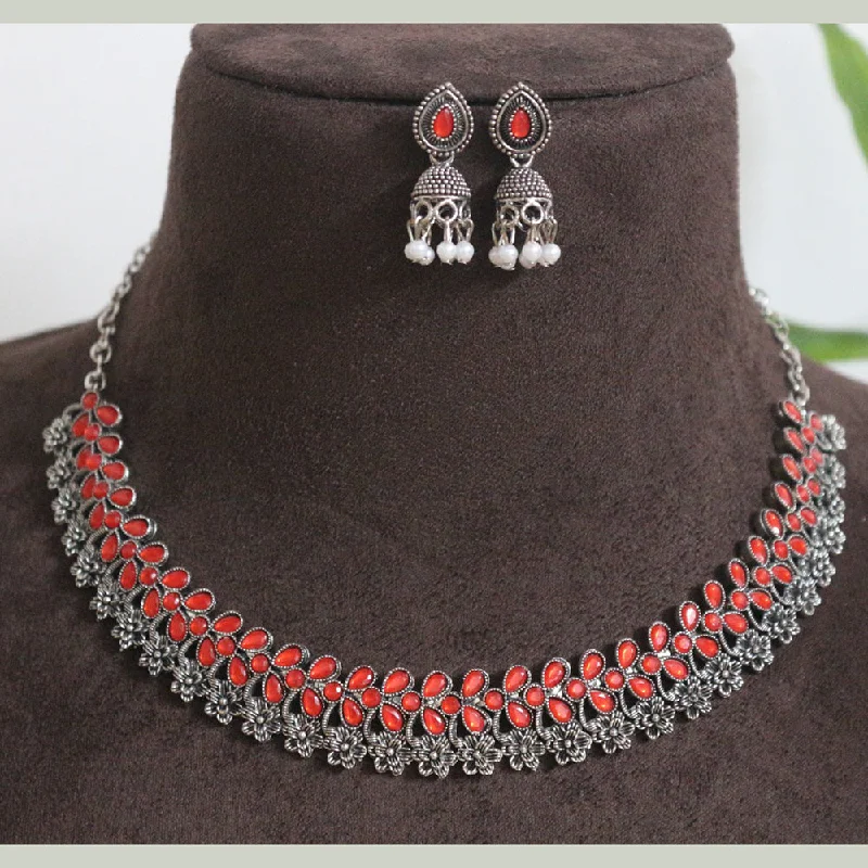 Fancy Choker Necklace-H K Fashion Oxidised Plated Pota Stone Necklace Set