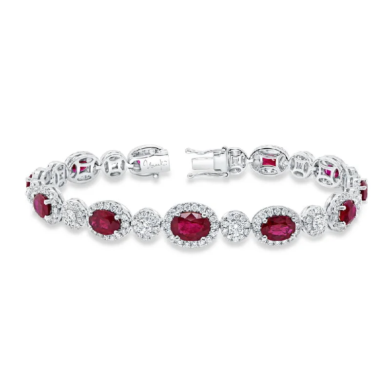 Unique Silver Bracelets-Uneek Precious Collection Halo Oval Shaped Ruby Tennis Bracelet