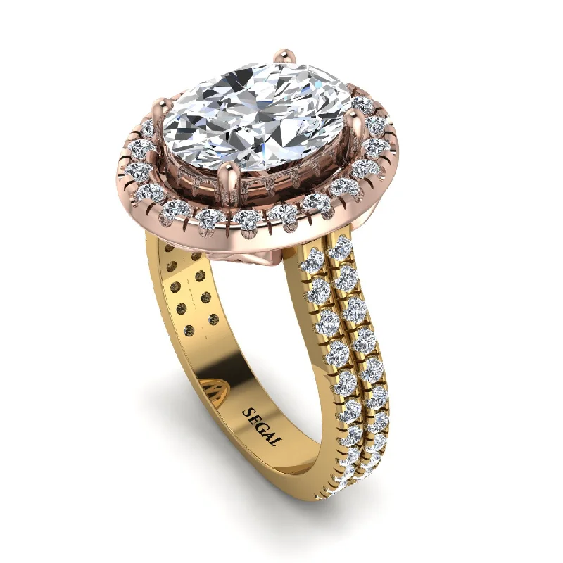 Boho Chic Ring-Two Tones Gorgeous Oval Cut Diamond Pave Double Shank Engagement Ring With Hidden Stone - Phoebe No. 76