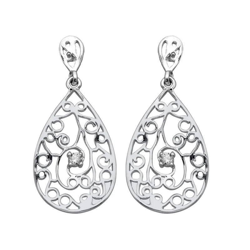 Unique Dangle Earrings-Silver 925 Rhodium Plated Teardrop Filigree Dangling Earrings