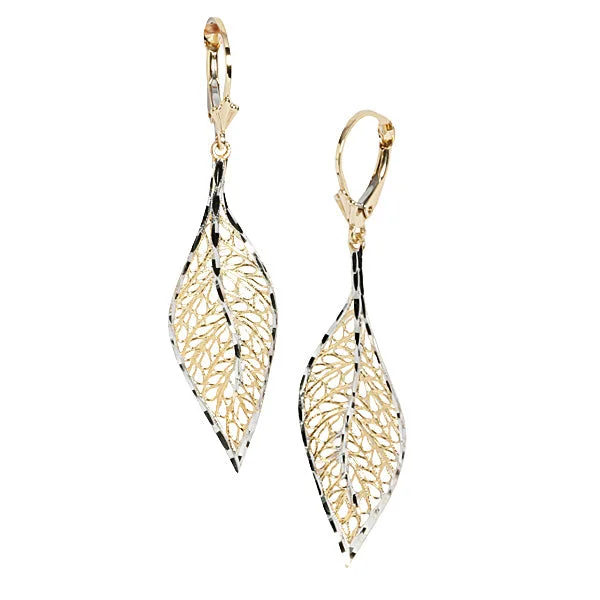 Unique Pearl Earrings-14K Two-Tone Gold (YG/WG) Hollow Leaf Lever Back Earrings