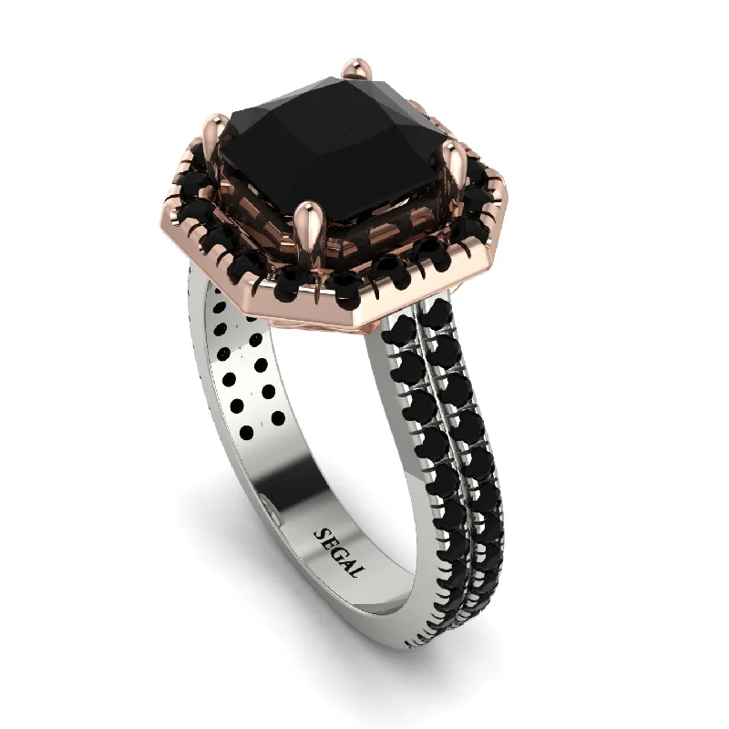 Statement Cocktail Ring-Two Tones Gorgeous Radiant Cut Black Diamond Pave Double Shank Engagement Ring With Hidden Stone - Felicity No. 81